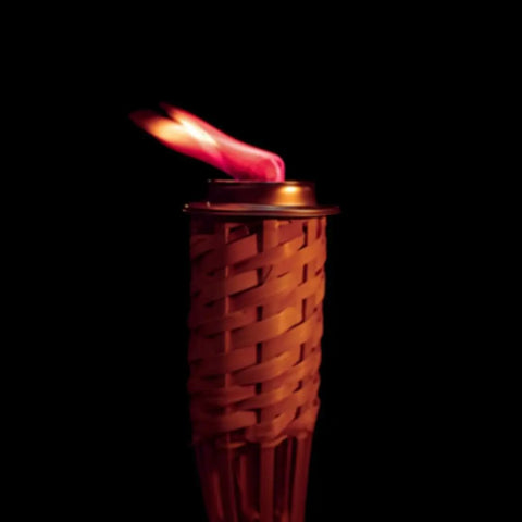 Lit outdoor torch with red flame using Red Flame Torch Fuel Citronella Scented Ready To Use No Spill No Mess 8 Ounce Container 4 Pack
