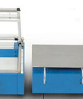 Heavy Duty Magnetic Shrink Wrap System Featuring Pro Grade Electro Thermal Heat Sealer With 18 Inch Wide Seal, blue and silver unit with film roll.