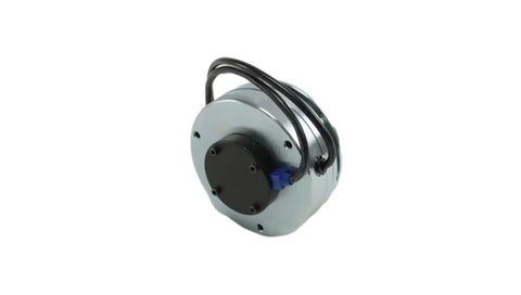 Front view of a forklift electromagnetic brake assembly; round metal housing, black center hub, blue connector.