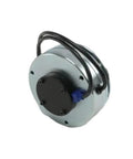 Angled-front view of a used forklift electromagnetic brake assembly; round silver housing with black end cap and blue connector.