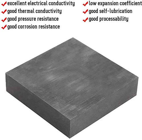 Dope 99.9 Percent Graphite Plates Pack Of 7 2x2 Inch Electrodes for Electrolysis, Molds, Heaters, and Insulation shown with features list