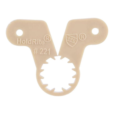 Close-up of HoldRite 1/2 in suspension pipe clamp, beige plastic for PEX, copper, CPVC