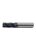 Side view of roughing end mill: HSS square-nose, 4-flute, 1/2 in shank, 1-1/4 in flute length.