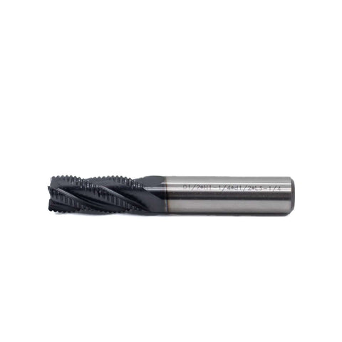 Side view of roughing end mill: HSS square-nose, 4-flute, 1/2 in shank, 1-1/4 in flute length.