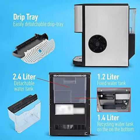 Drip tray and water tank features of the Top Rated Countertop Ice Maker Featuring Slick Self Serve Lever And Built In Self Cleaning Cycle That Whips Up Smooth Chewable Nugget Ice Fast For Any Modern Home Or Office Setup.