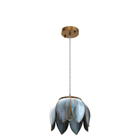 Brass Glass Tiffany Style Pendant Light With Vintage Lotus Flower Stained Glass Shade Hanging Chain Lamp 9.25 inch