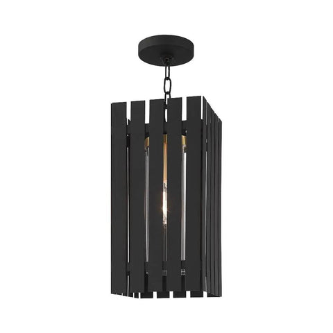 Absolute Must Have One Light Solid Brass Outdoor Pendant Lantern Featuring A Smooth Brushed Nickel Base And Sleek Geometric Clear Glass Cylinder For Instant Patio Vibes And Curb Appeal - black slatted design with glass interior.