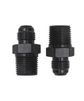 Built Different Straight 6AN Male Flare To 3/8 NPT Pipe Fitting Adapter Crafted From Lightweight Aircraft Grade Aluminum With Dope Black Anodized Finish For Seamless Fluid System Hookups, showing two black adapters.