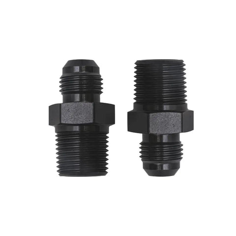 Built Different Straight 6AN Male Flare To 3/8 NPT Pipe Fitting Adapter Crafted From Lightweight Aircraft Grade Aluminum With Dope Black Anodized Finish For Seamless Fluid System Hookups, showing two black adapters.