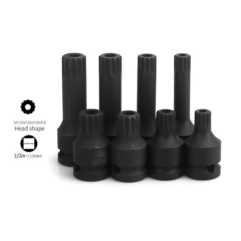 Eight Piece Socket Wrench Set Covering M12 To M18 Sockets In CR MO Steel With Durable Rust Resistant Finish, displayed in an array.