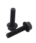 Heavy Duty Hex Flange Bolt Screws, Ironclad Grade 10.9 Fasteners With No Drama Installation, close-up of black flange bolts.
