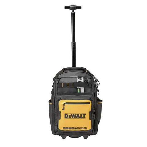 Front view of Pro Rolling Tool Backpack On Wheels With IP54 Weatherproof Compartment and Rugged 1680D Fabric.