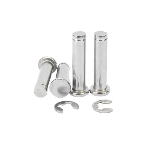 Pack Of Ten Premium M6 A2 Stainless Steel Flat Head Roll Dowel Pins With Shaft Circlip displayed for industrial machine use.