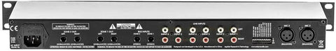 Rear panel of Six Channel Stereo Rack Mount Mixer With Dual Zone Outputs showing flexible inputs and outputs for live, studio, DJ use.