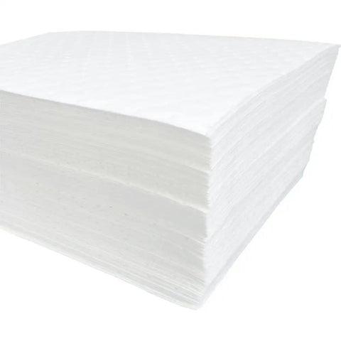 Heavyweight Oil Absorbing Pads For Garage Workshop Clean Up Oil Only Absorbent Mats 15 X 20 Inches Pack Of 50 stacked polypropylene sheets.