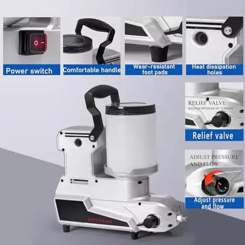 Hella Smooth Finishes Kickin Major Power Airless Paint Sprayer With Adjustable Speed features power switch, comfortable handle, and relief valve.