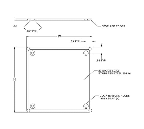 Universal Stainless Steel Access Panel Cover 10 By 10 Inch Surface Mount Cleanout Door with beveled edges and countersunk holes.