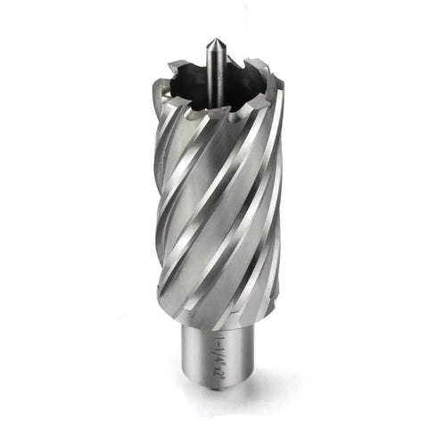 Annular cutter with Weldon shank for magnetic drill press, 1-1/4 inch cutting diameter, 3/4 inch shank.