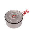 Ultralight Titanium Camping Pot With Folding Handle, 900 Ml Capacity, shown with lid and compact design.