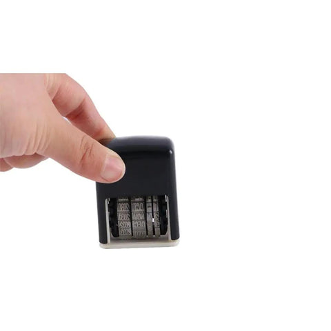 No Sweat Smooth Self Inking Date Roller Stamp With Crisp Adjust Dial Rugged Abs Alloy Frame held in hand for easy use.