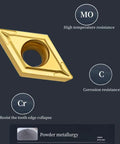 DCMT32.51 carbide turning insert, multilayer coated, gold finish with center hole for SDJCR lathe (front view).