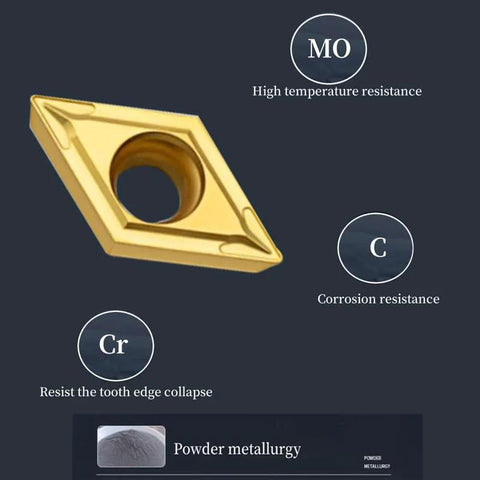 DCMT32.51 carbide turning insert, multilayer coated, gold finish with center hole for SDJCR lathe (front view).