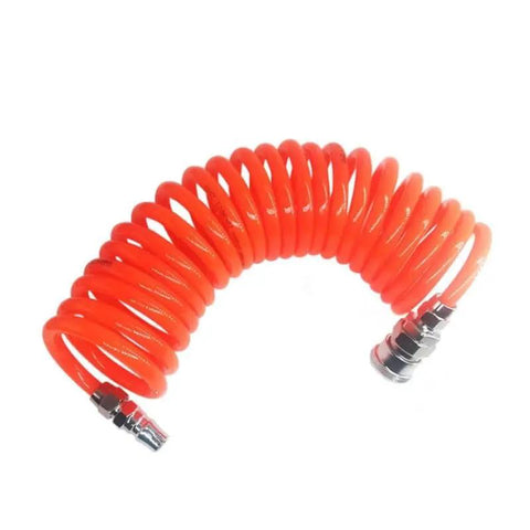 Seamless Install PU Air Compressor Hose Tube Flexible Spiral Pneumatic Tubing Orange Heavy Duty coiled design with connectors.