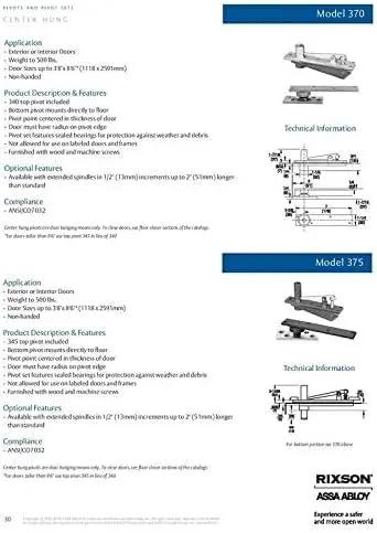 Real Deal Center Hung Pivot Hinges For Smooth Swinging Interior Or Exterior Doors Heavy Duty Steel Construction Built To Handle Up To Five Hundred Pounds With Zero Sweat Setup specifications page showing models 370 and 375.