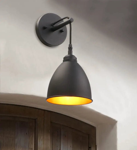 Dope Industrial Wall Sconce in matte black finish shown with metal lampshade, farmhouse lighting for hallways and living rooms.