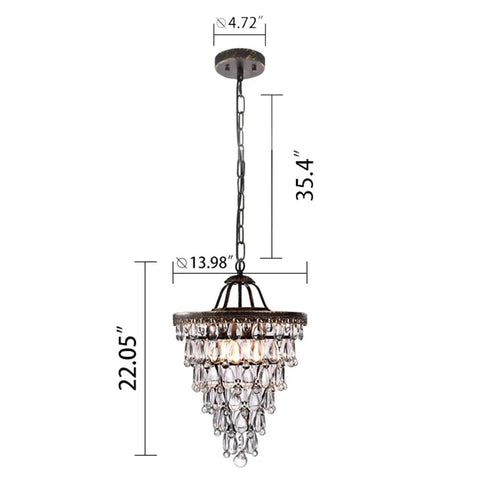 Crystal Chandelier in Farmhouse Bronze, 4 Light Hanging Pendant Fixture, 14 Inch Diameter, Adjustable Chain, side view