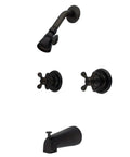 Twin Handle Tub And Shower Faucet In Oil Rubbed Bronze With Decor Cross Handles, Five Inch Spout Reach, Wall Mount, Washerless Durable Brass Construction
