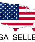 Front view of USA seller badge with map of the United States filled by the American flag.