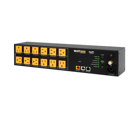 Smart Rack Mount Power Conditioner With Twelve Independently Metered And IP Controlled Outlets for a tight rack layout, showing multiple outlets.