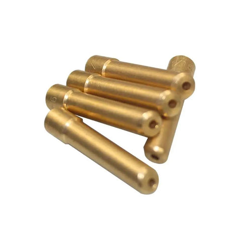 10 Piece Premium Tig Welding Electrode Collets With Wedge Design For 1.6 2.4 3.2Mm And 1.0Mm Sizes Fits Perfectly On WP17 18 26 Torch Kits Made To Handle Serious Heat During Long Welds Without Flaking Or Breaking - close-up image of brass electrode collets.