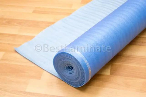 Heavy Duty 3In1 Vapor Barrier Flooring Underlayment 2Mm Thick With SelfSealing Tape Strip Covers 500 Square Feet rolled out on hardwood.