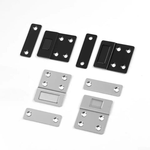Magnetic Cabinet Door Catch With Strong Hold Steel Latch set in black and silver, 43x38mm, shown disassembled.