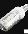 LED bulb with clear casing showcasing internal diodes, against black background with a small white square in bottom corner.
