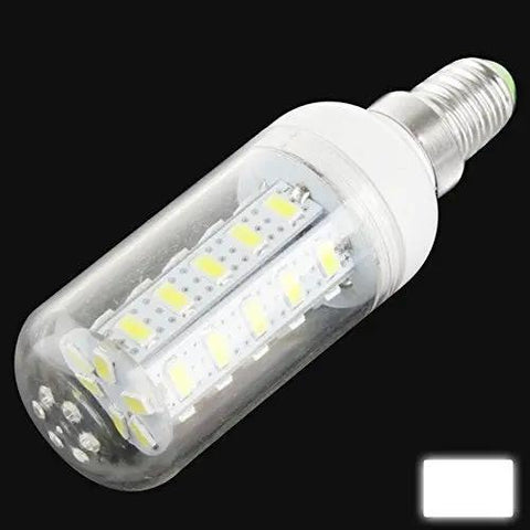 LED bulb with clear casing showcasing internal diodes, against black background with a small white square in bottom corner.