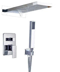 Premium Matte Black Shower System With LED Color Shifting Rainfall Showerhead Wall Mount Faucet Set showing rainfall head and handheld.