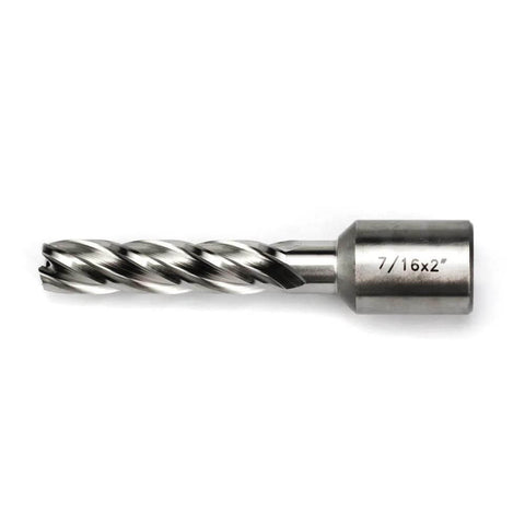 Side view of HSS annular cutter with Weldon shank, 7/16 in diameter and 2 in depth of cut