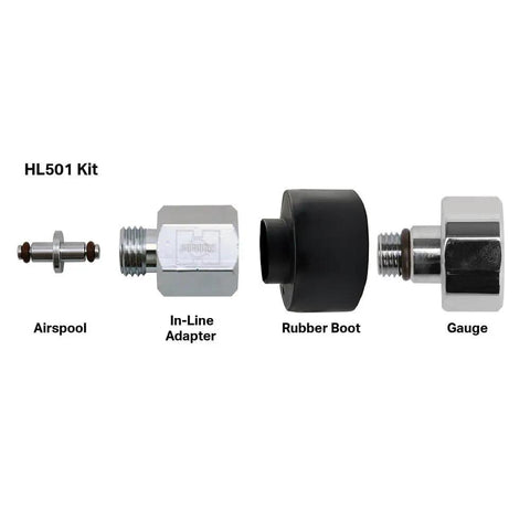 Mini Tech Gauge Kit Imperial Edition With Glow In The Dark Gauge Face Pro Grade Viton O Rings Inline Adapter Airspool Rubber Boot And HP Reg Port Install Kit For Regulators components displayed