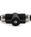 Front view of Three Eighths Inch OD Pneumatic Ball Valve Push To Connect Air Flow Control Valve with Quick Lock, black plastic, silver ends.