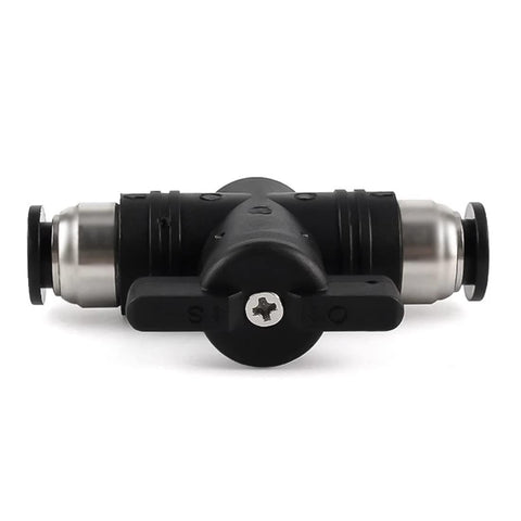 Front view of Three Eighths Inch OD Pneumatic Ball Valve Push To Connect Air Flow Control Valve with Quick Lock, black plastic, silver ends.