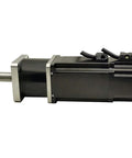 Side view of black Nema 23 stepper motor with permanent magnet brake and planetary gearbox
