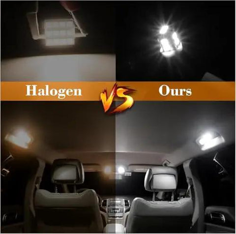 Comparison of halogen vs 24 Piece Dome Light LED Car Interior Bulbs Kit With Easy Install T10 194 DE3175 211-2 212-2 578 Bulbs