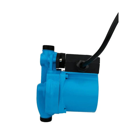 Side view of 115V Domestic Water Pressure Booster Pump for home, 100W, blue casing, with three quarter inch connectors.