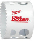 Front view of Milwaukee Hole Dozer bi-metal hole saw, 2-1/2 in, white body with red logo