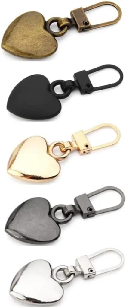 Five Piece Multicolor Heart Shaped Zipper Pull Replacement Kit for Backpacks, Coats, Jackets, Pants, and Luggage Metal Zipper Pulls