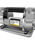 Kick Serious Fluid With This Straight Up Heavy Duty Electric Submersible Pump Built To Run Smooth On 12V Or 24V Power While Functioning As A Whisper Quiet Auto Air Compressor And Grit Proof Sump Pump showing a silver and black durable design with dual motors.