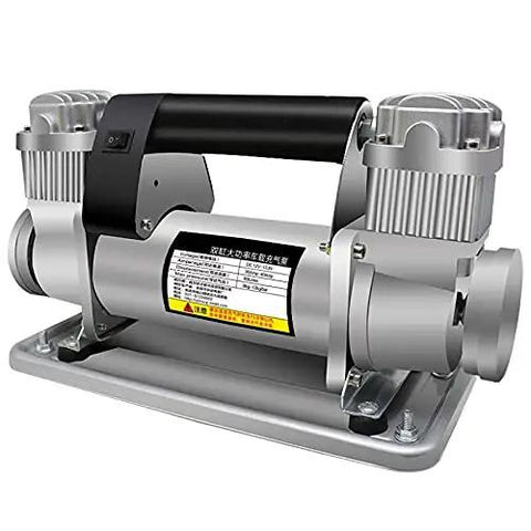 Kick Serious Fluid With This Straight Up Heavy Duty Electric Submersible Pump Built To Run Smooth On 12V Or 24V Power While Functioning As A Whisper Quiet Auto Air Compressor And Grit Proof Sump Pump showing a silver and black durable design with dual motors.